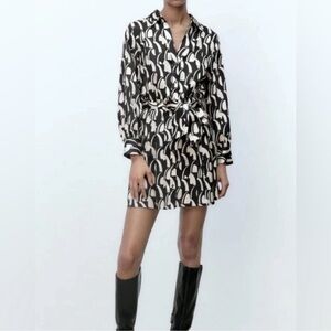 Zara Black & White Satin Button Down Belted Long Sleeve Mini Shirt Dress